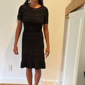 Sandro Black Knit Short-Sleeve Midi Dress with Ruffle Hem